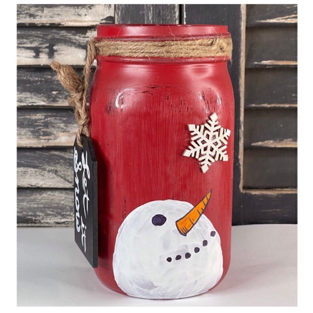 Hand Painted Snowman Mason Jar-Quart, Let It Snow, Snowflake, Matte Red